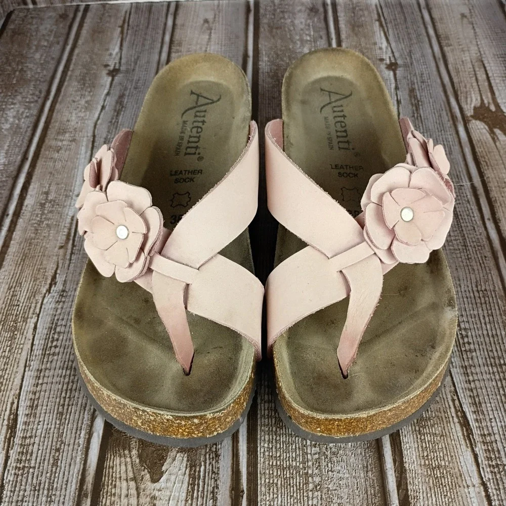 Autenti by Penthalon Pink Leather Floral Sandals Cork Wedge Made in Spain 38